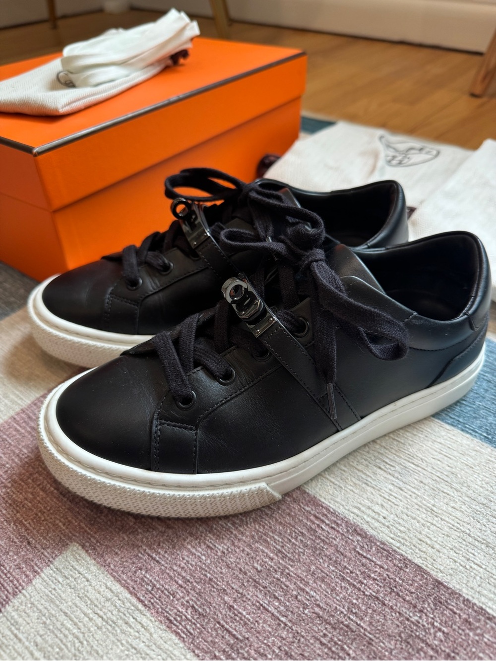 Hermès Black Leather Low-Top Sneakers with White Sole